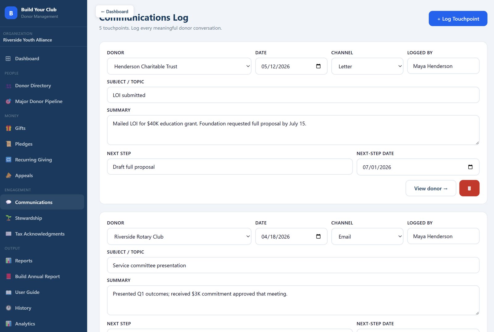 Communications log, donor touchpoints with subject, summary, and next steps